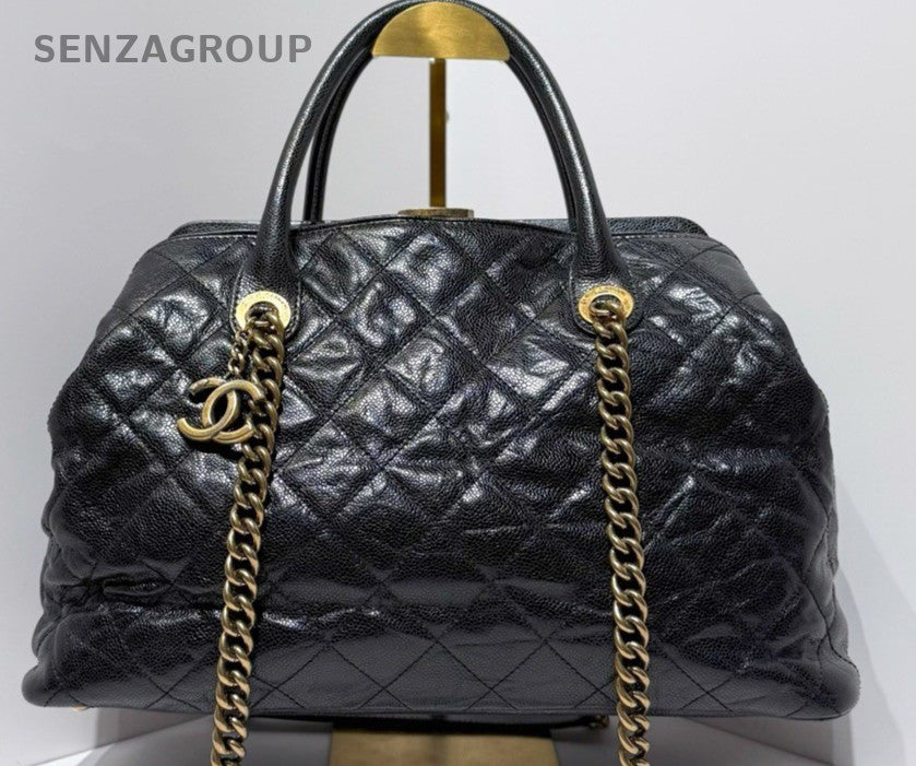 Chanel Calfskin Tote Handbag Chain Shoulder Bag Black Red Women Classic