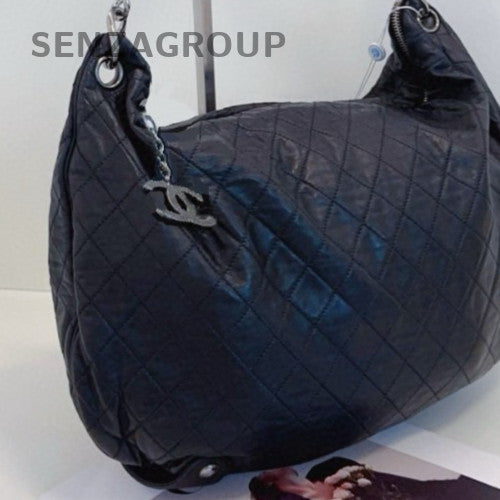 Chanel Hobo Diamond Pattern Chain Shoulder Bag Black Silver Women Classic