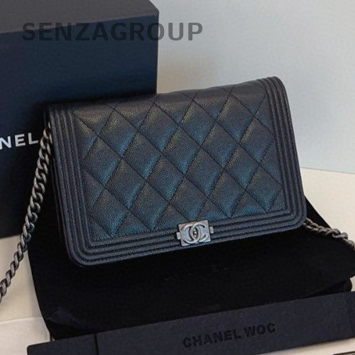 Chanel Leboy WOC Chain Shoulder Bag Black Silver Diamond Women Classic