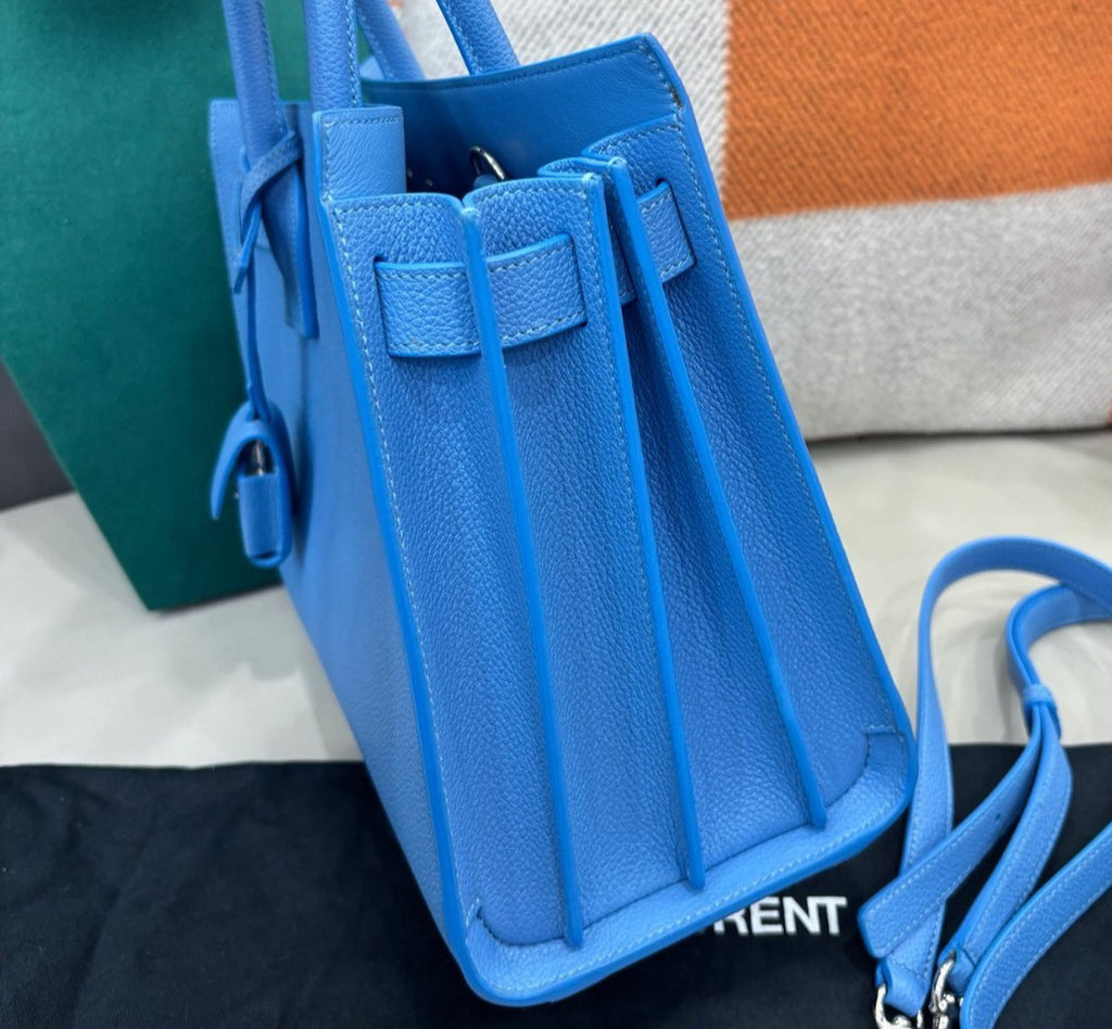 Saint Laurent Calfskin Tote Top Handle Bag Crossbody Blue Silver Women Classic