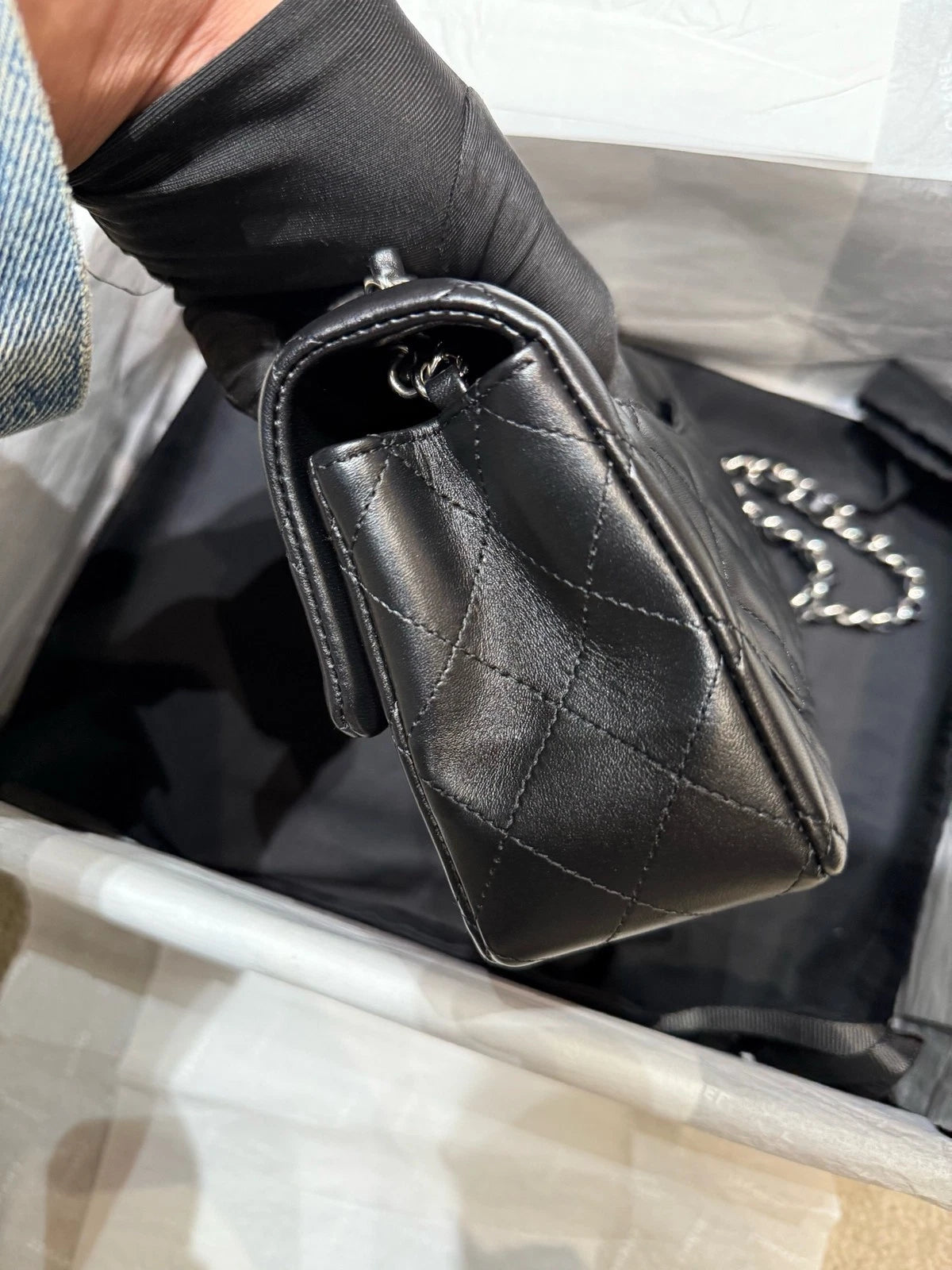 CHANEL Large Mini Lamskin Black Silver Crossbody Bag For Women