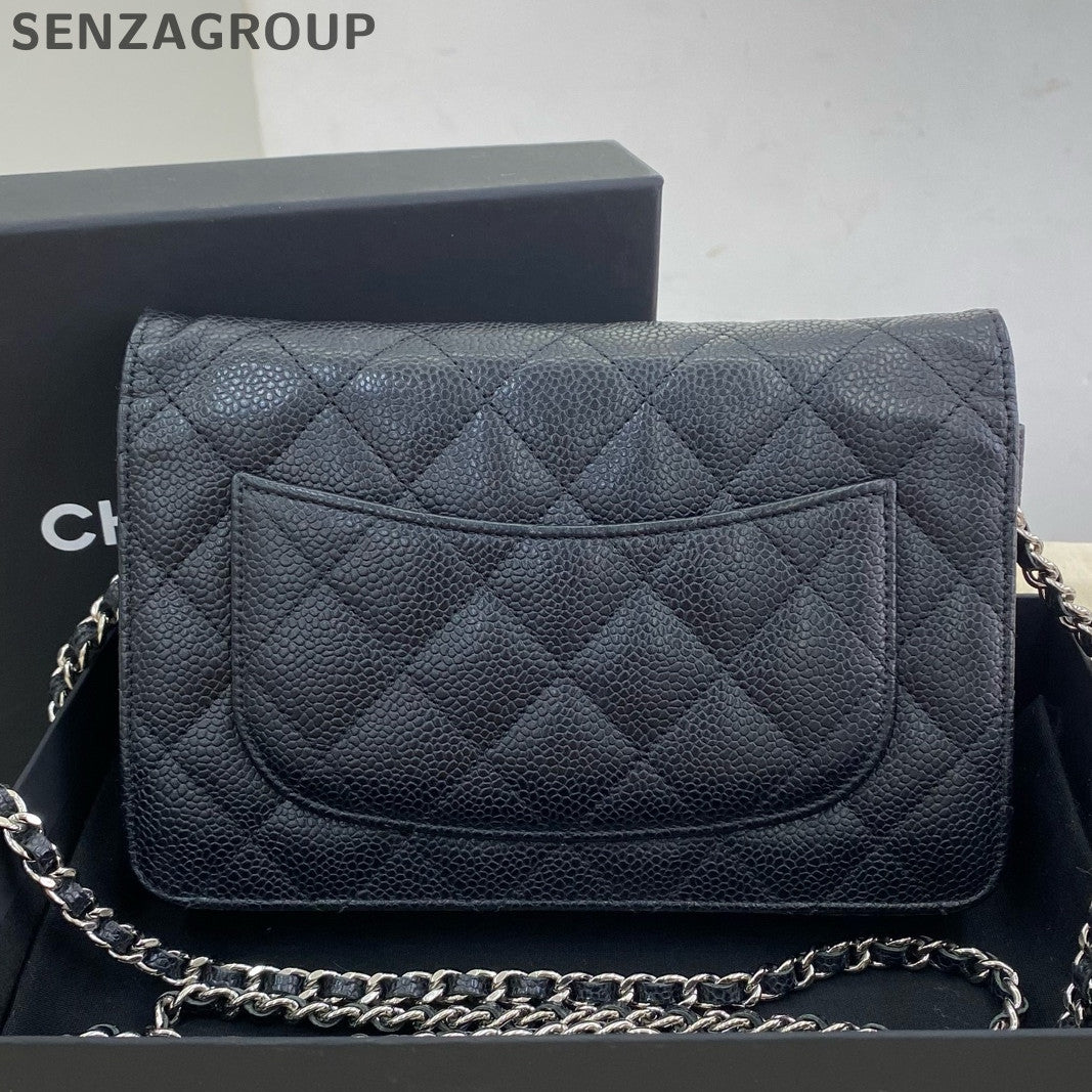 Chanel Black Silver Quilted Calfskin WOC Chain Shoulder Crossbody Bag