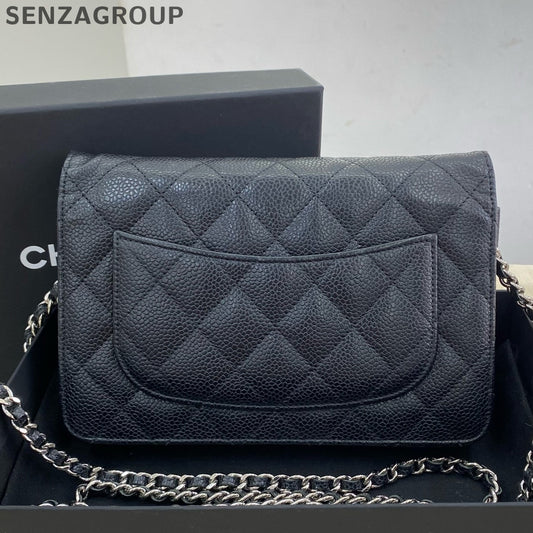 Chanel Black Silver Quilted Calfskin WOC Chain Shoulder Crossbody Bag