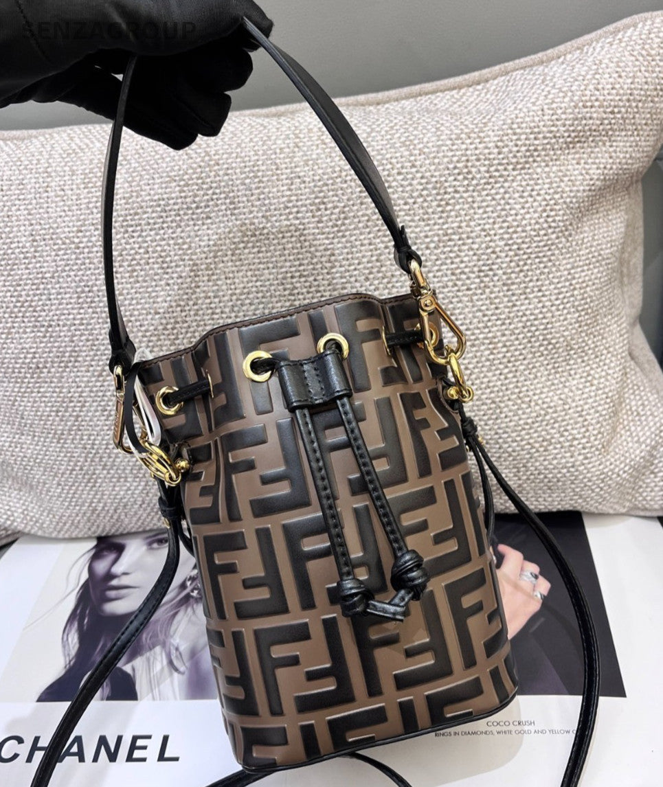 Fendi Mon Tresor Mini Bucket Top Handle Bag Crossbody Brown Gold Women Classic