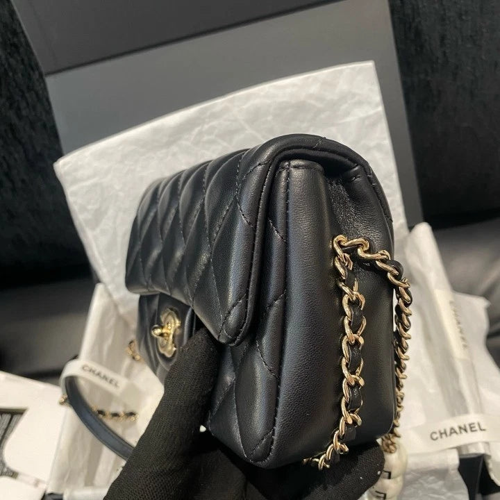Chanel Classic Flap Mini Chain Shoulder Crossbody Bag Black Gold Women D