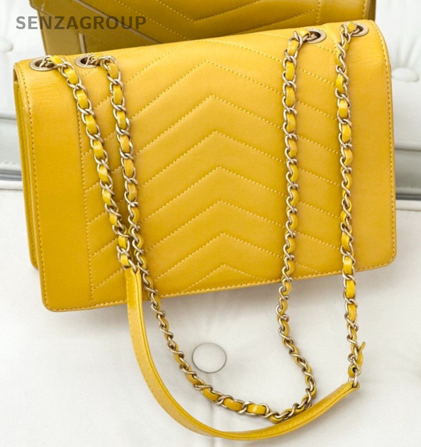 CHANEL Calfskin V-shaped pattern Chain Shoulder Handbag Yellow Women
