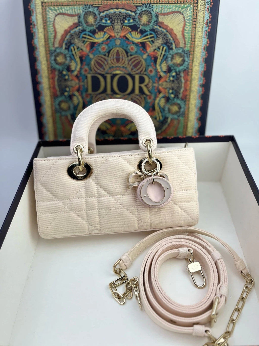 Dior Lady Dior Denim Pink Top Handle Excellent