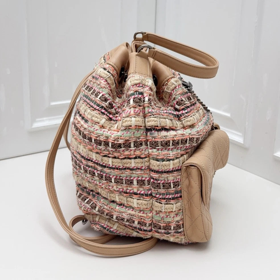 Chanel Tweed Knitting Drawstring Bucket Backpack Handbag Pink Silver Hardware