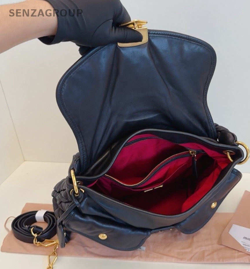 Miumiu Hobo Wrinkled skin 2WAY Shoulder Handbag Black Gold Women