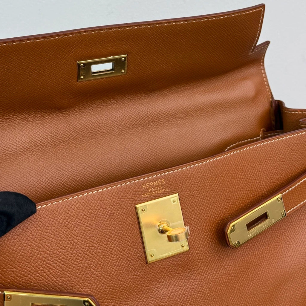 Authentic Hermes Kelly 32 Courchevel Tote Top Handle Crossbody Bag Brown GHD