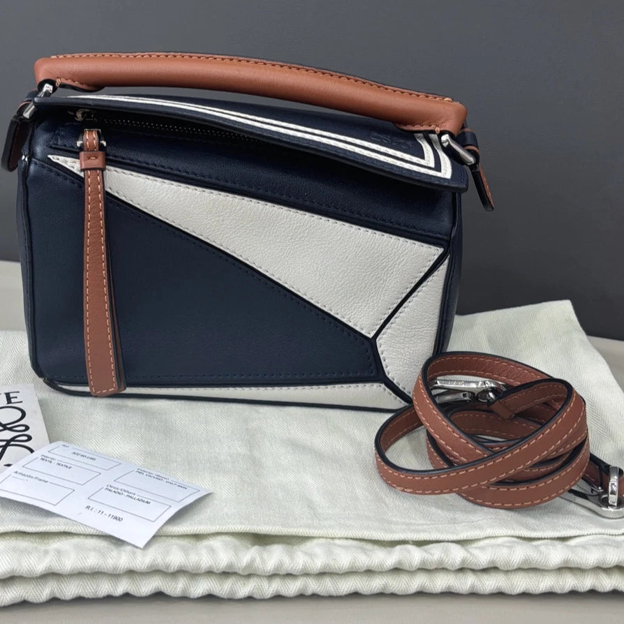 Loewe Puzzle Mini Top Handle Shoulder Crossbody Bag Navy Brown Women