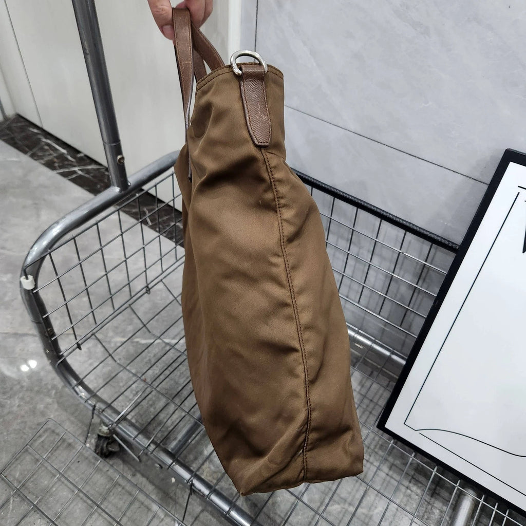 Prada Dark Brown Nylon Leather Tote Handbag For Women