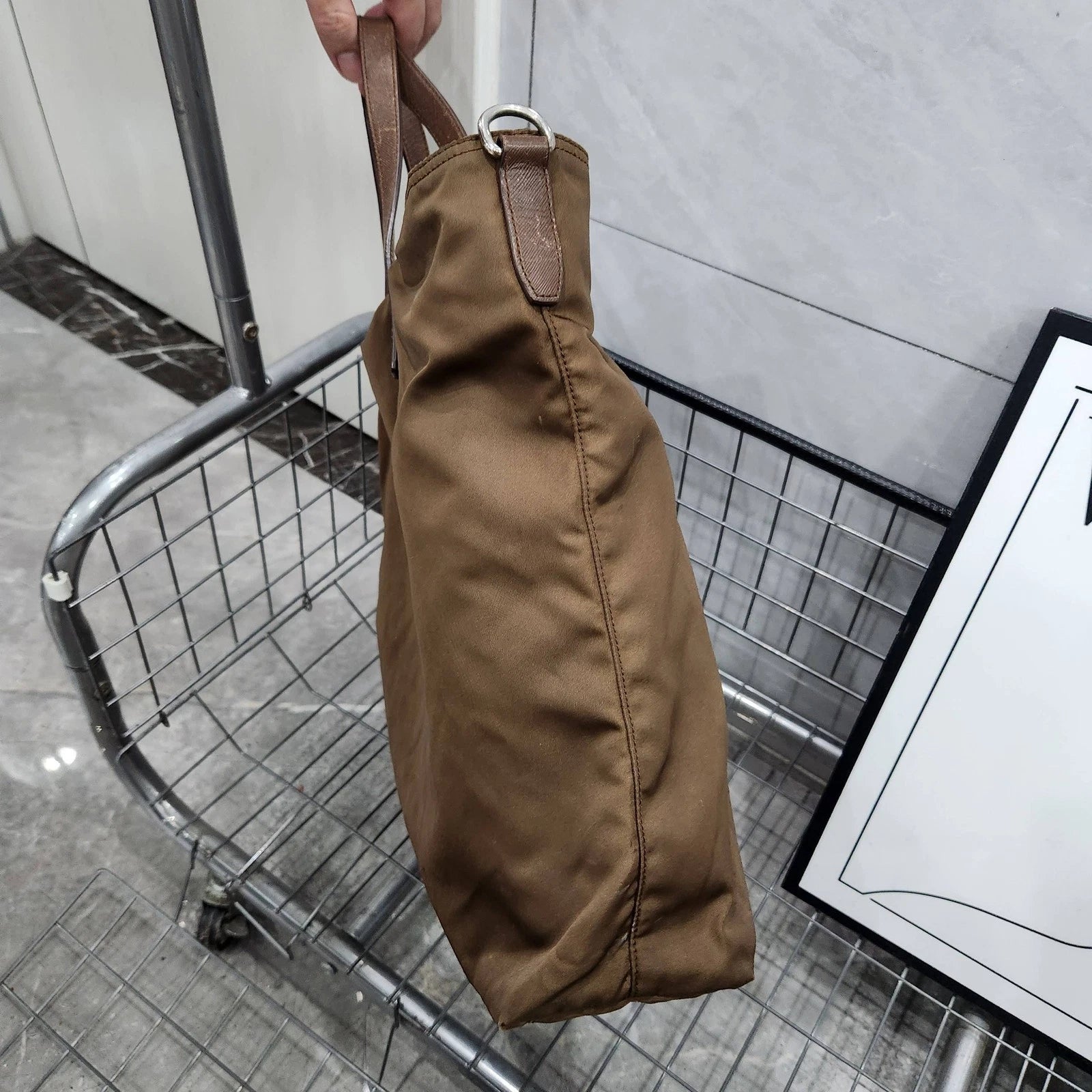 Prada Dark Brown Nylon Leather Tote Handbag For Women