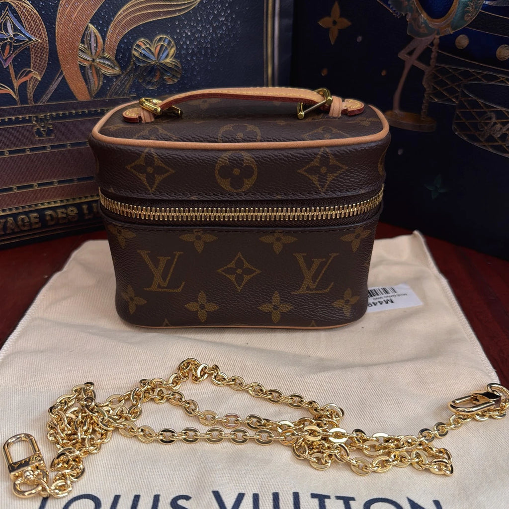 Louis Vuitton Monogram Nano Chain Top Handle Crossbody Brown Gold Women