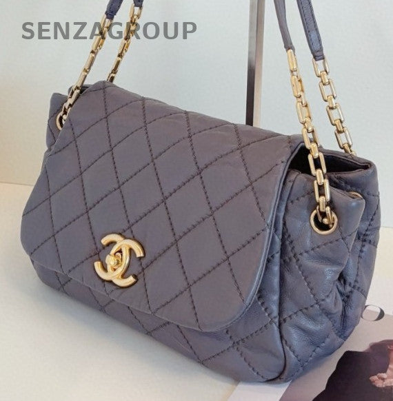 Chanel Calfskin Chain Shoulder Bag Gray Gold Women Classic Fashion