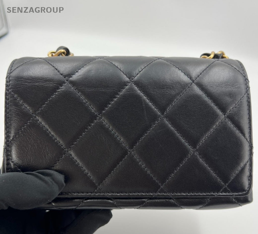 Chanel Diamond Lambskin Mini Chain Shoulder Bag Crossbody Black Gold Women