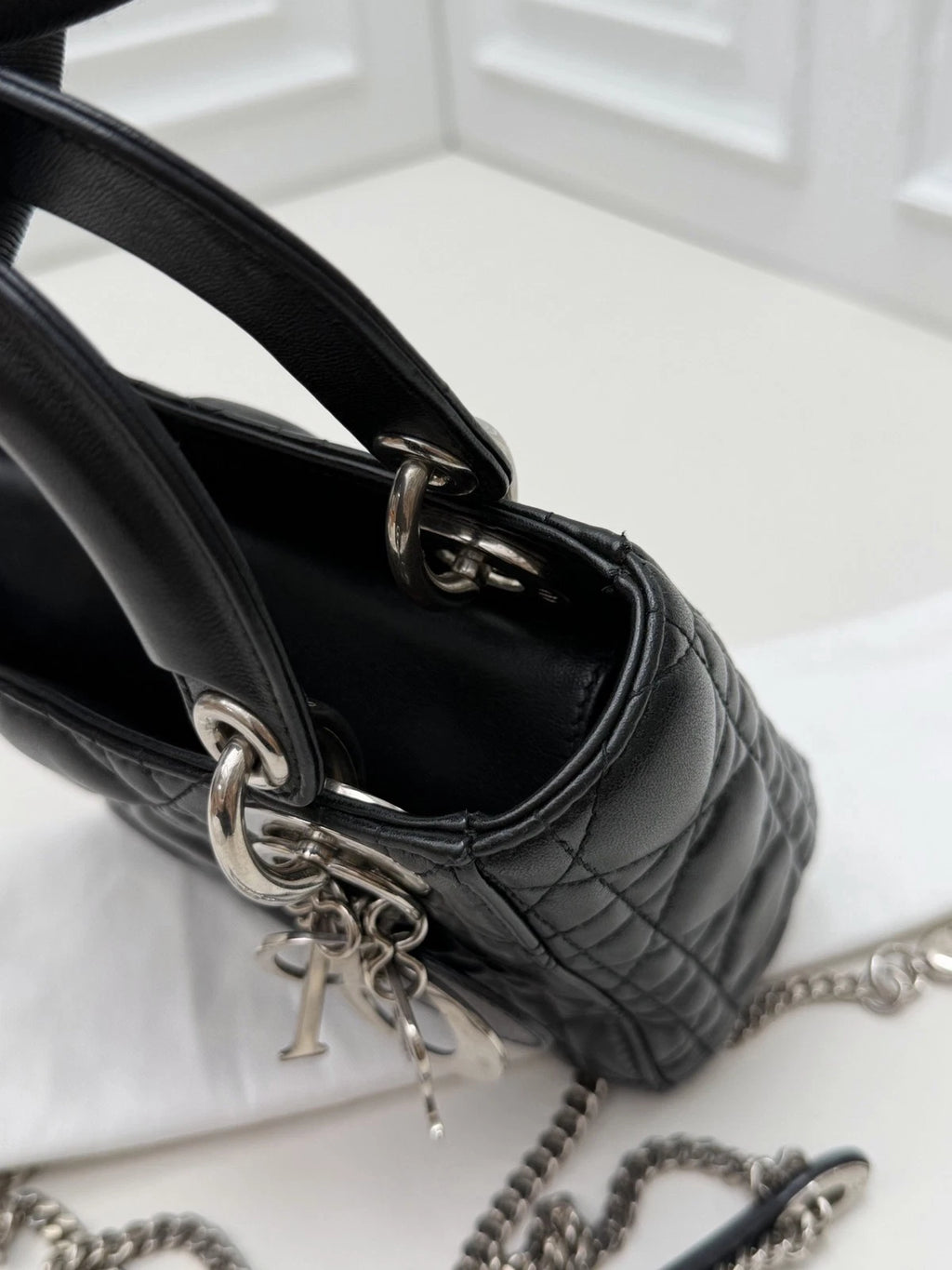 Christian Dior Lady Dior Lambskin Black Handbag Chain Crossbody Silver Hardware
