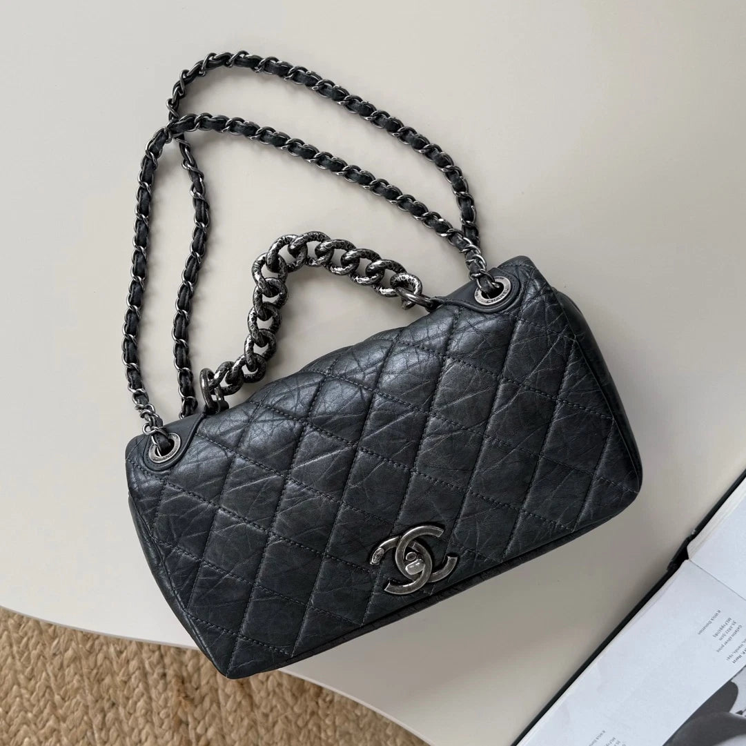 Chanel Calfskin Diamond Silver Chain Shoulder Bag Crossbody Gray