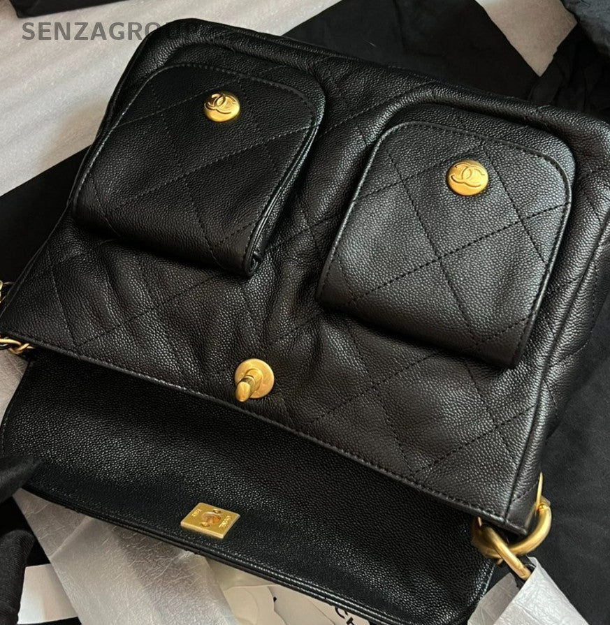 Chanel 25P PM Hobo Shoulder Bag Crossbody Black Gold Women Classic