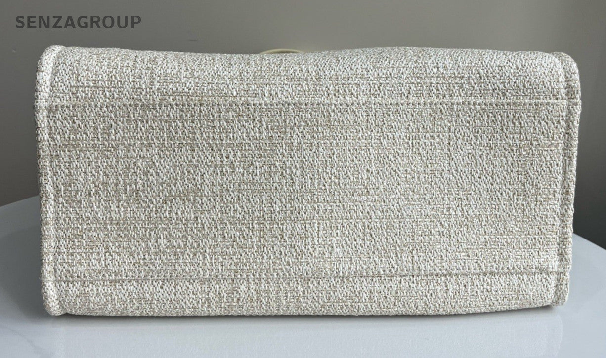 Chanel Fabric Deauvliie Canvas Tote Handbag Chain Shoulder Bag White Used Women