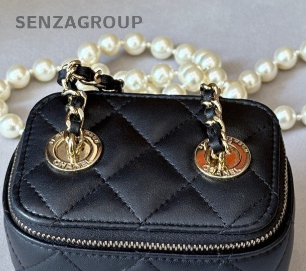 Chanel Lambskin Mini Pearl Chain Shoulder Bag Crossbody Black Gold Women Classic