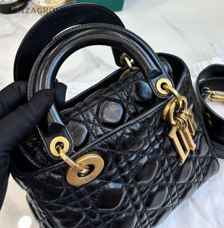 Christian Dior Lady Top Handle 2way Shoulder bag Women Black Gold