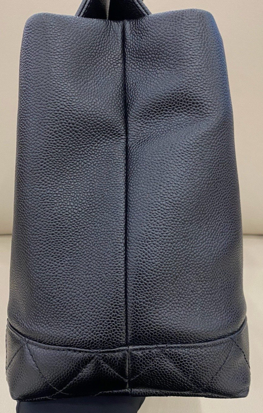 Chanel Calfskin GM Tote Shoulder Bag Black Silver Used Women Classic