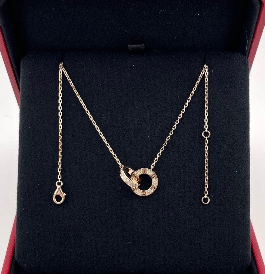 Cartier Love Necklace 18K Rose Gold Diamond Double Ring Pendant