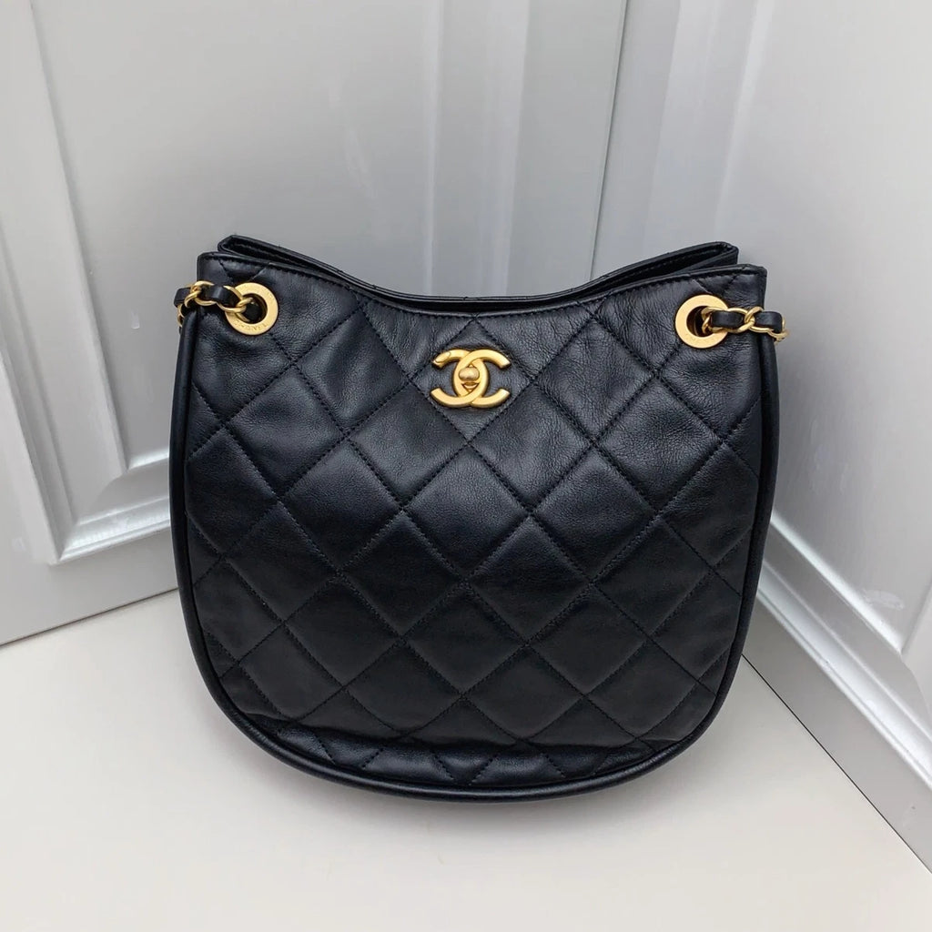 Chanel Diamond Hobo Chain Shoulder Bag Black Gold Used Women Classic