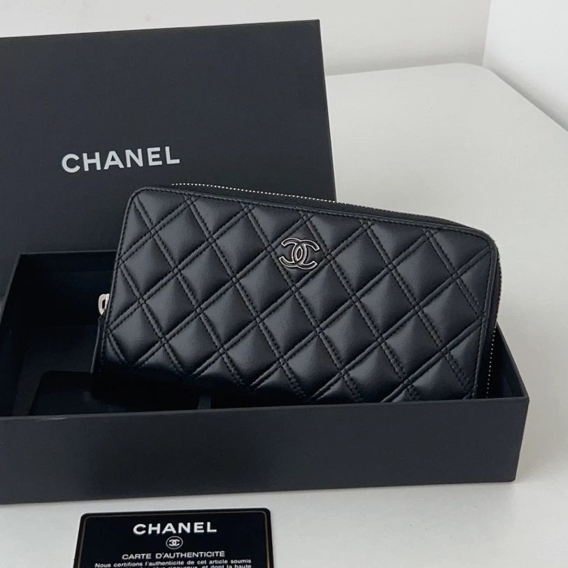 Authentic Chanel Diamond Silver Zipper Black Long Wallet Clutch