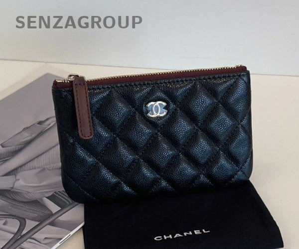 Chanel Classic Flap Calfskin Leather Zipper Wallet Black Gold Women Designer