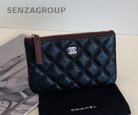 Chanel Classic Flap Calfskin Leather Zipper Wallet Black Gold Women Designer