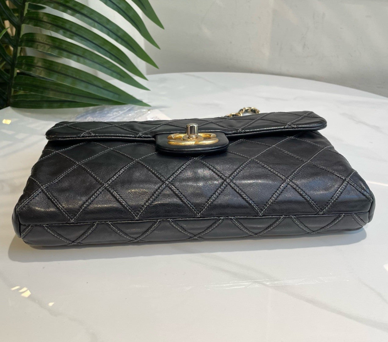 Chanel Classic Flap PM Chain Shoulder Bag Diamond Black Gold Used Women