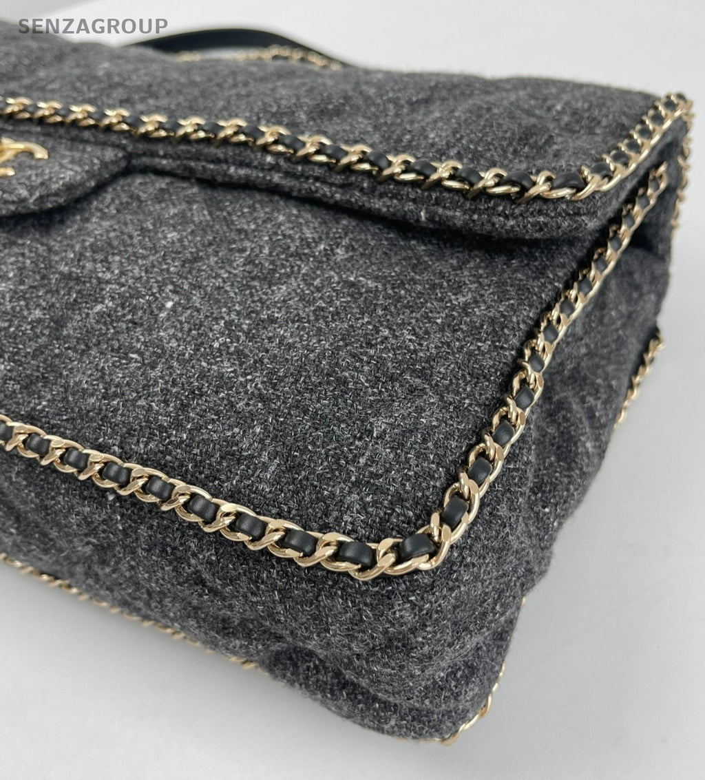 Chanel Tweed Trim Classic Flap Chain GM Shoulder Bag Gray Gold Used Women