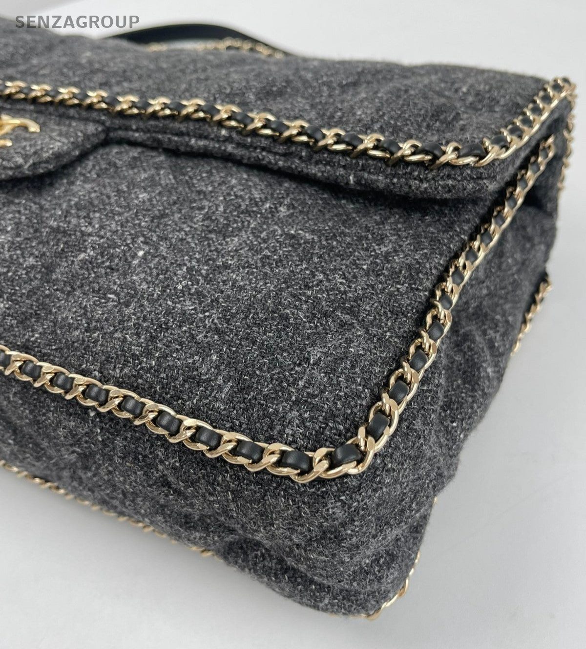 Chanel Tweed Trim Classic Flap Chain GM Shoulder Bag Gray Gold Used Women
