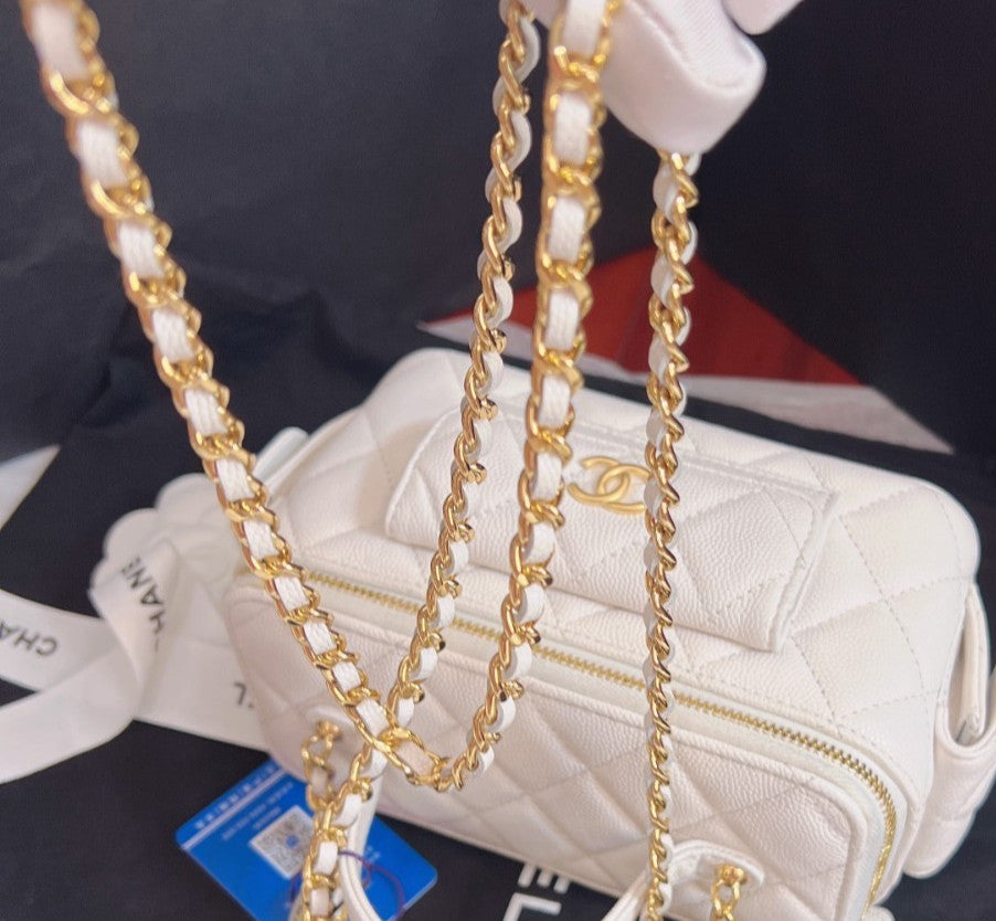 Chanel Cargo Calfskin Vanity Case Top Handle Chain Crossbody White Gold Women
