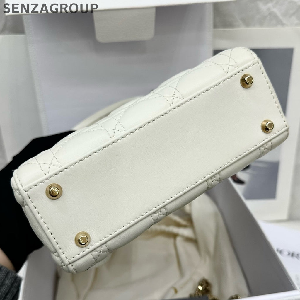 Dior Lady Dior Bag White Gold Lamb Leather Classic Women's Handbag