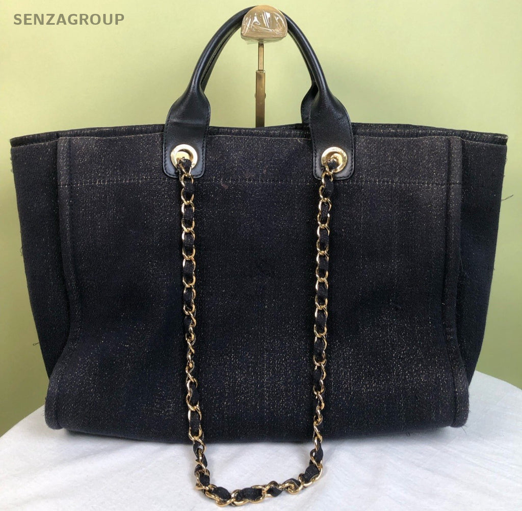 Chanel Denim Chain Tote Shoulder Bag Handbag Blue Gold Used Women Classic