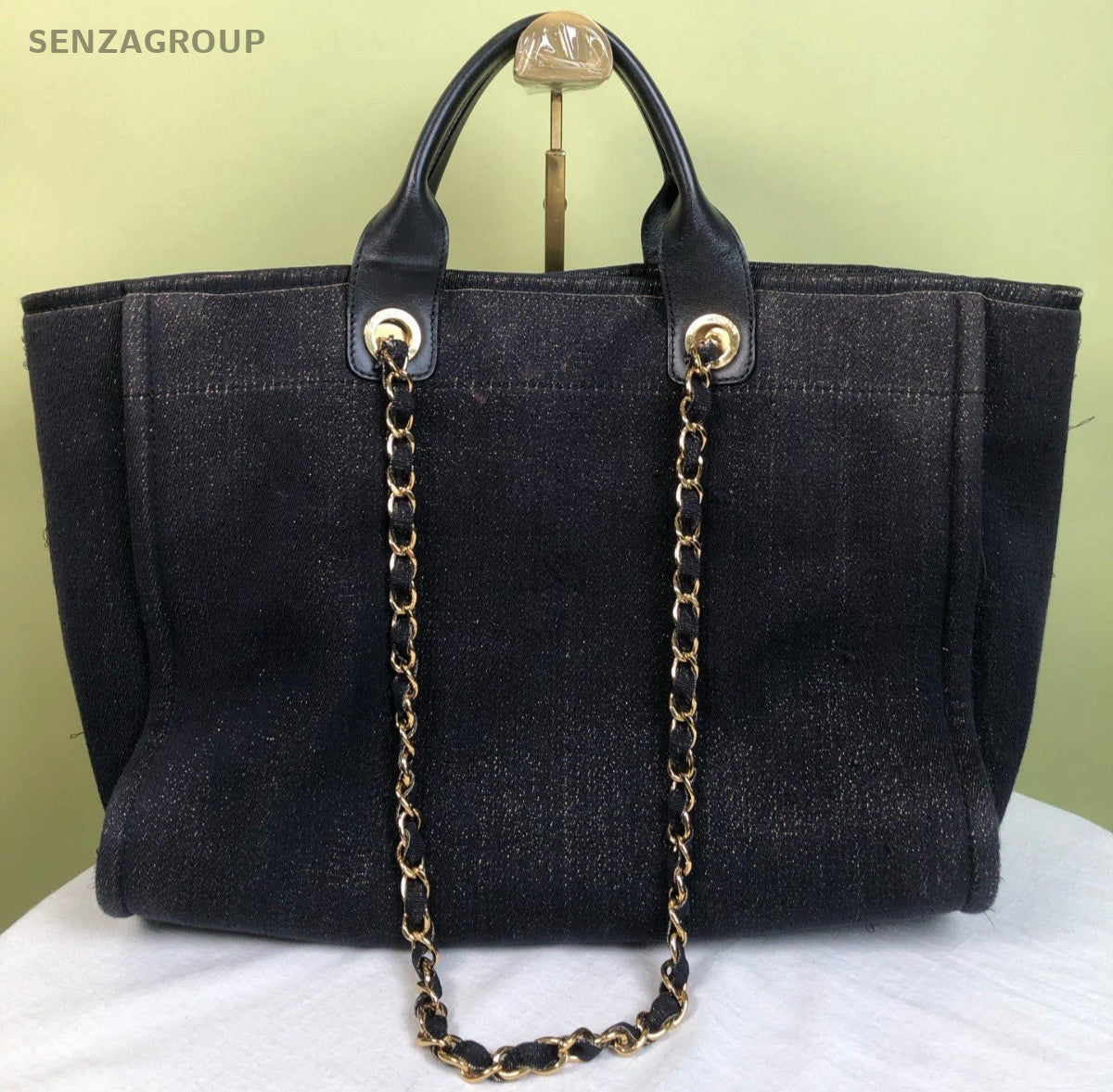Chanel Denim Chain Tote Shoulder Bag Handbag Blue Gold Used Women Classic