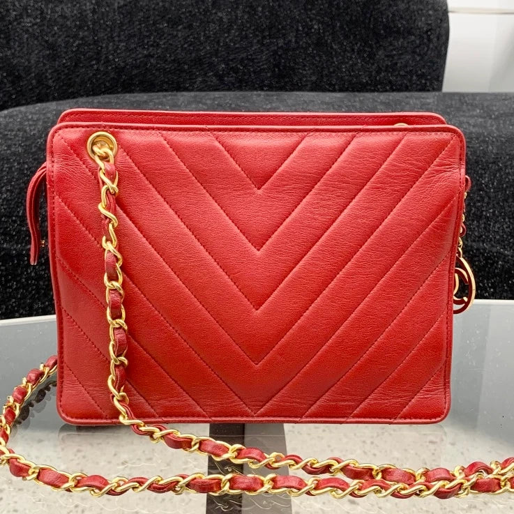 Chanel Chevron Calfskin Chain Shoulder Crossbody Bag Red Gold Women S