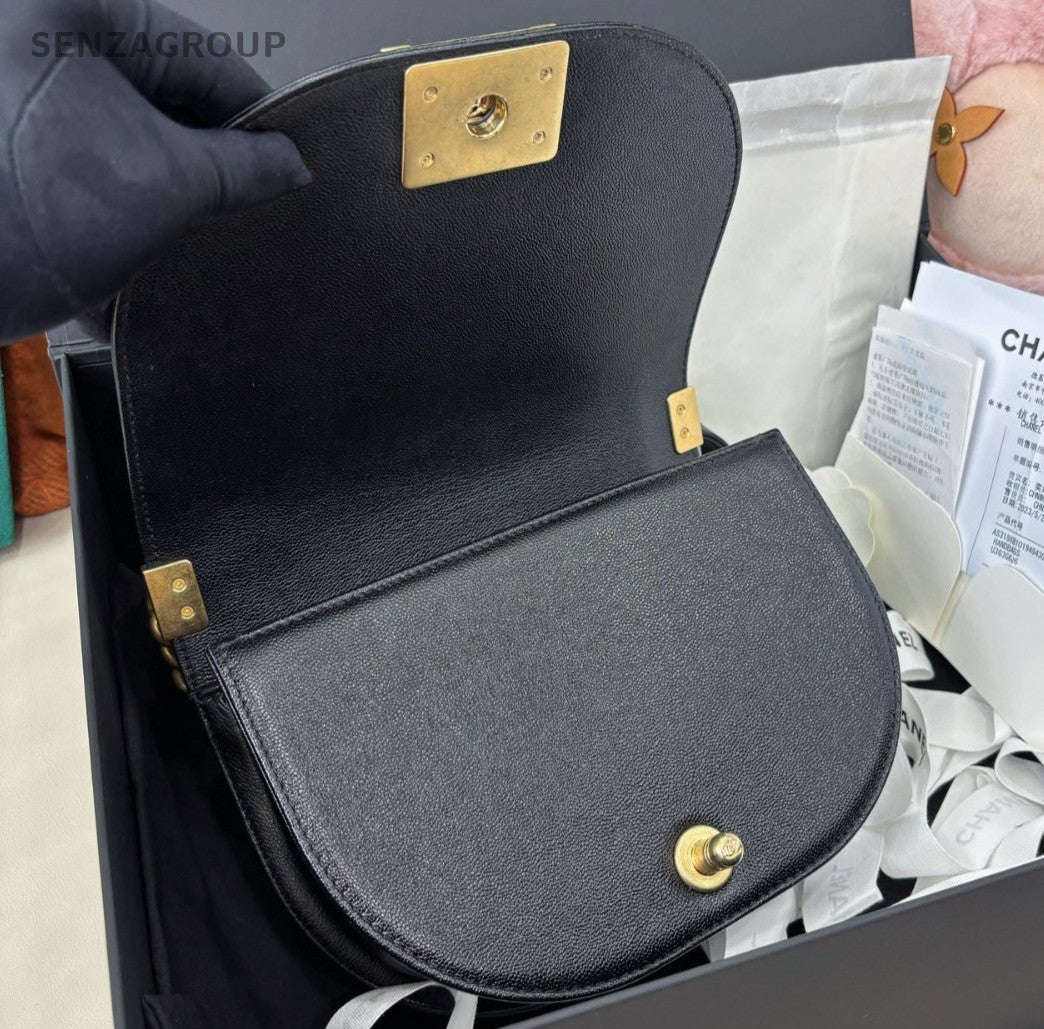 Chanel Leboy Calfskin Chain Shoulder Bag Black Gold Diamond Women Classic