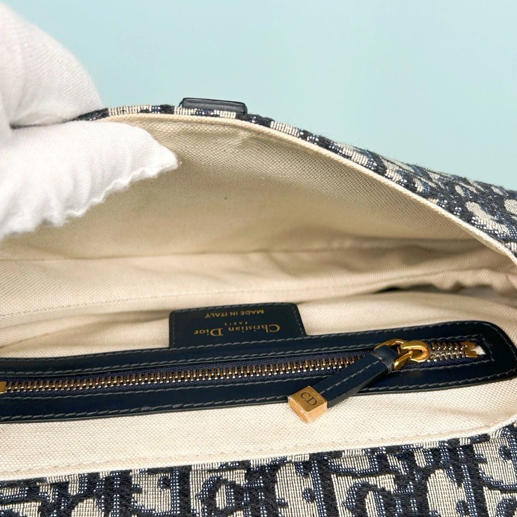Christian Dior Oblique MM Saddle Bag Top Handle Shoulder Bag Blue Women Classic