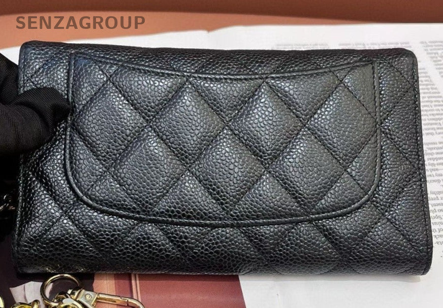 Chanel Classic Flap Long Wallet Chain Crossbody Black Gold Used Women Designer