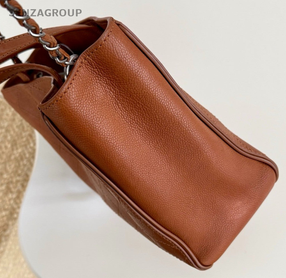 Chanel Calfskin Tote Chain Top Handle Shoulder Bag Brown Silver Women Classic