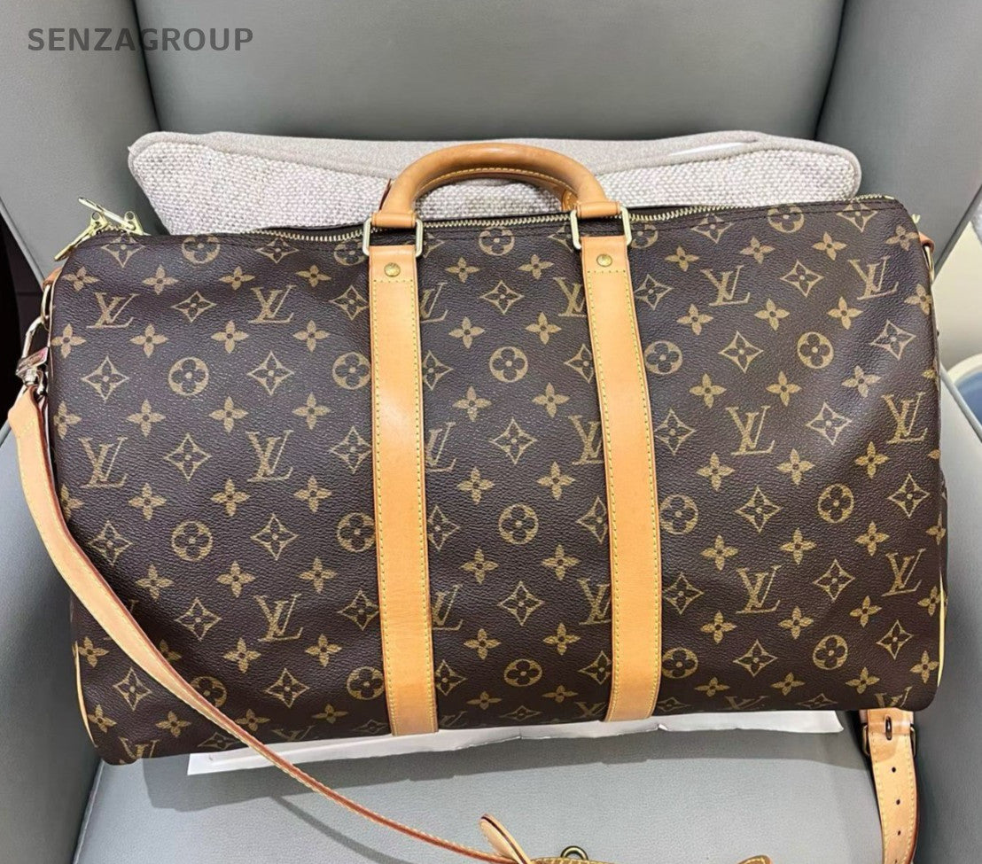 Louis Vuitton Keepall Monogram Top Handle Bag Crossbody Brown Gold Unisex Adults