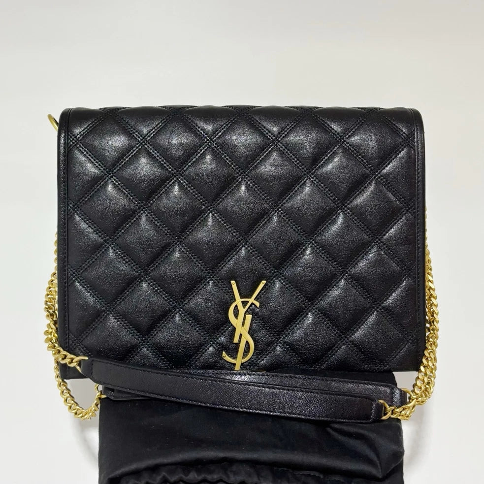 Excellent Saint Laurent Becky Black Quilted Leather Chain Shoulder Crossbody