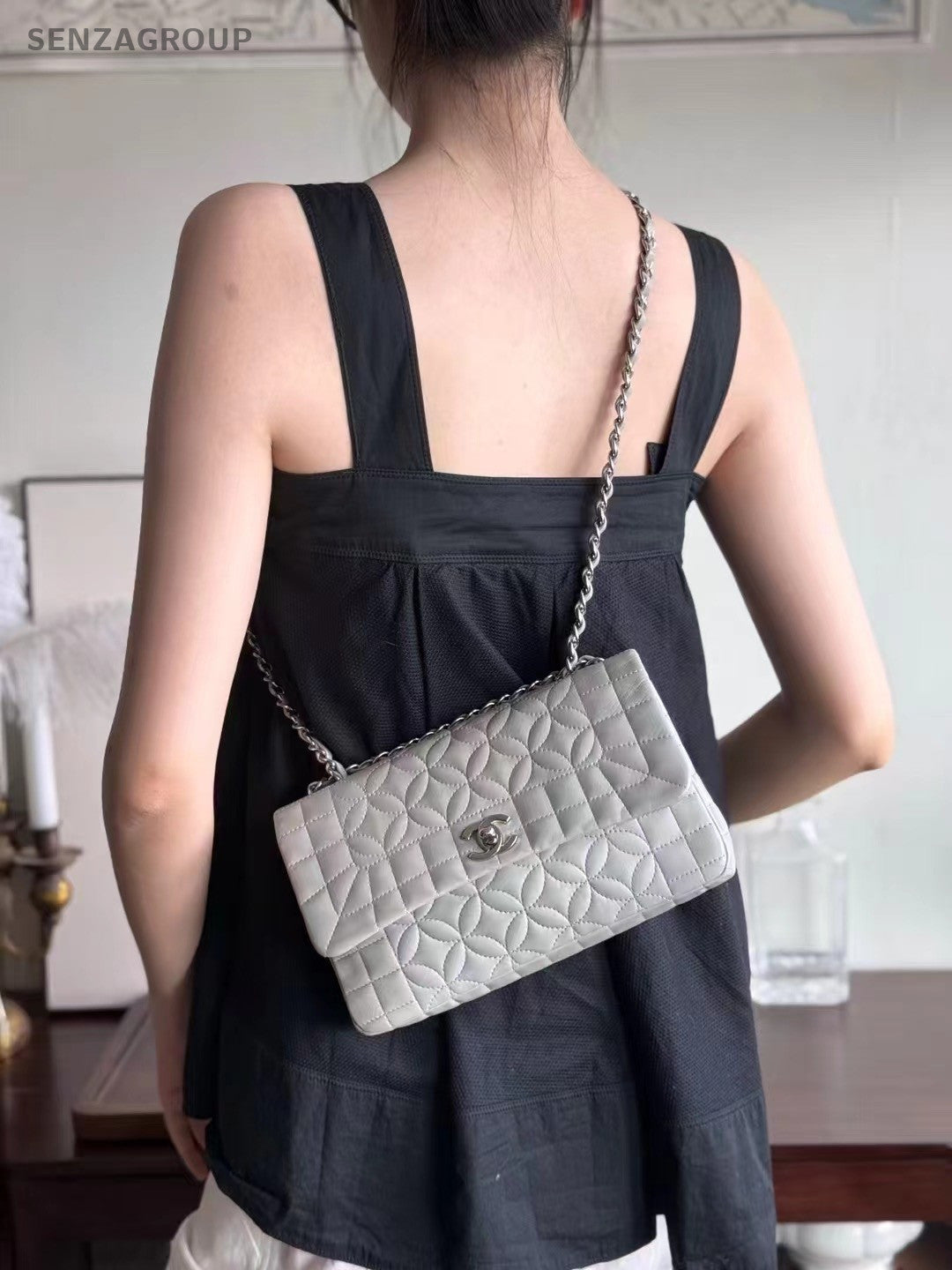 Chanel Classic Flap Four-leaf Clover Series Chain Shoulder bag Gray Silver