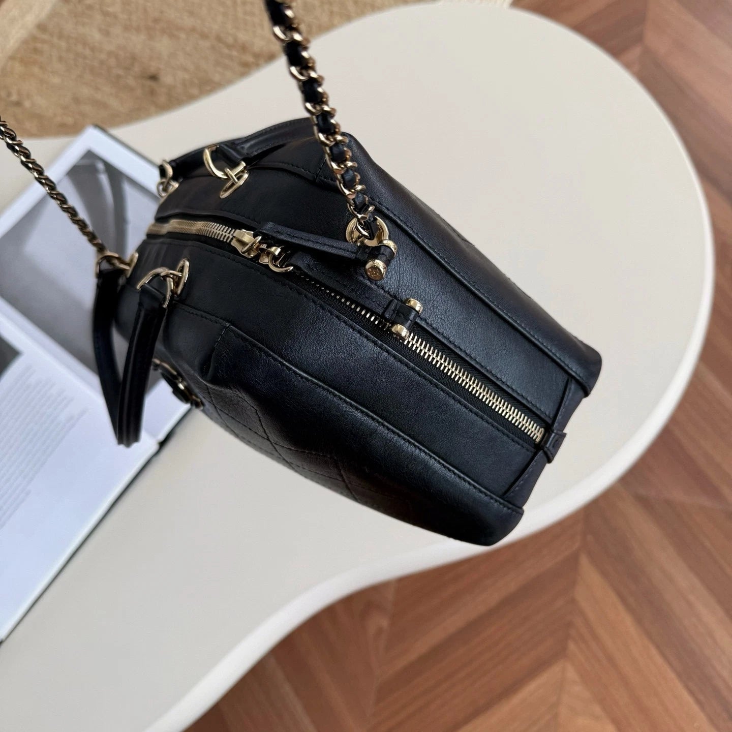 Chanel Bowling Calfskin Top Handle Chain Crossbody Black Gold Classic Women