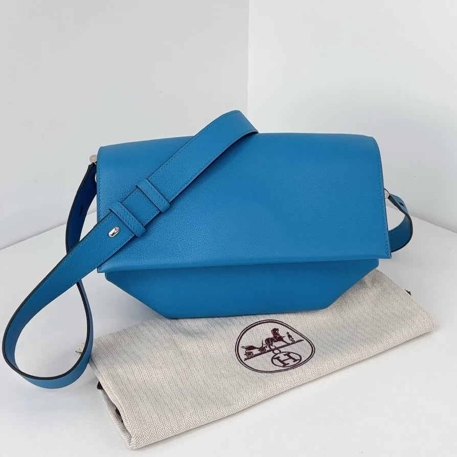 Excellent Hermes Opli24 Messenger Bag Blue Shoulder Bag Silver Hardware