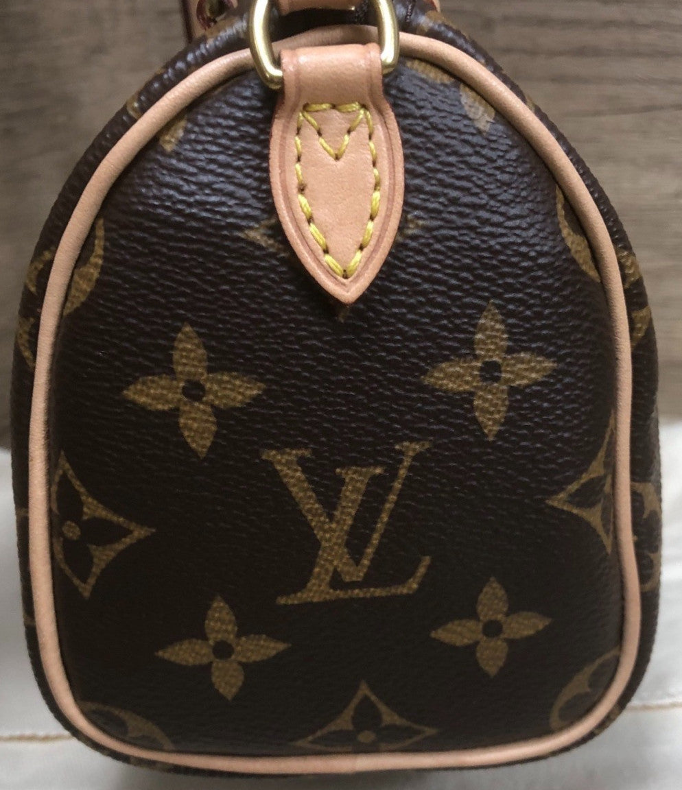 Louis Vuitton Speedy Nano Monogram Shoulder Bag Crossbody Brown Gold Used Women